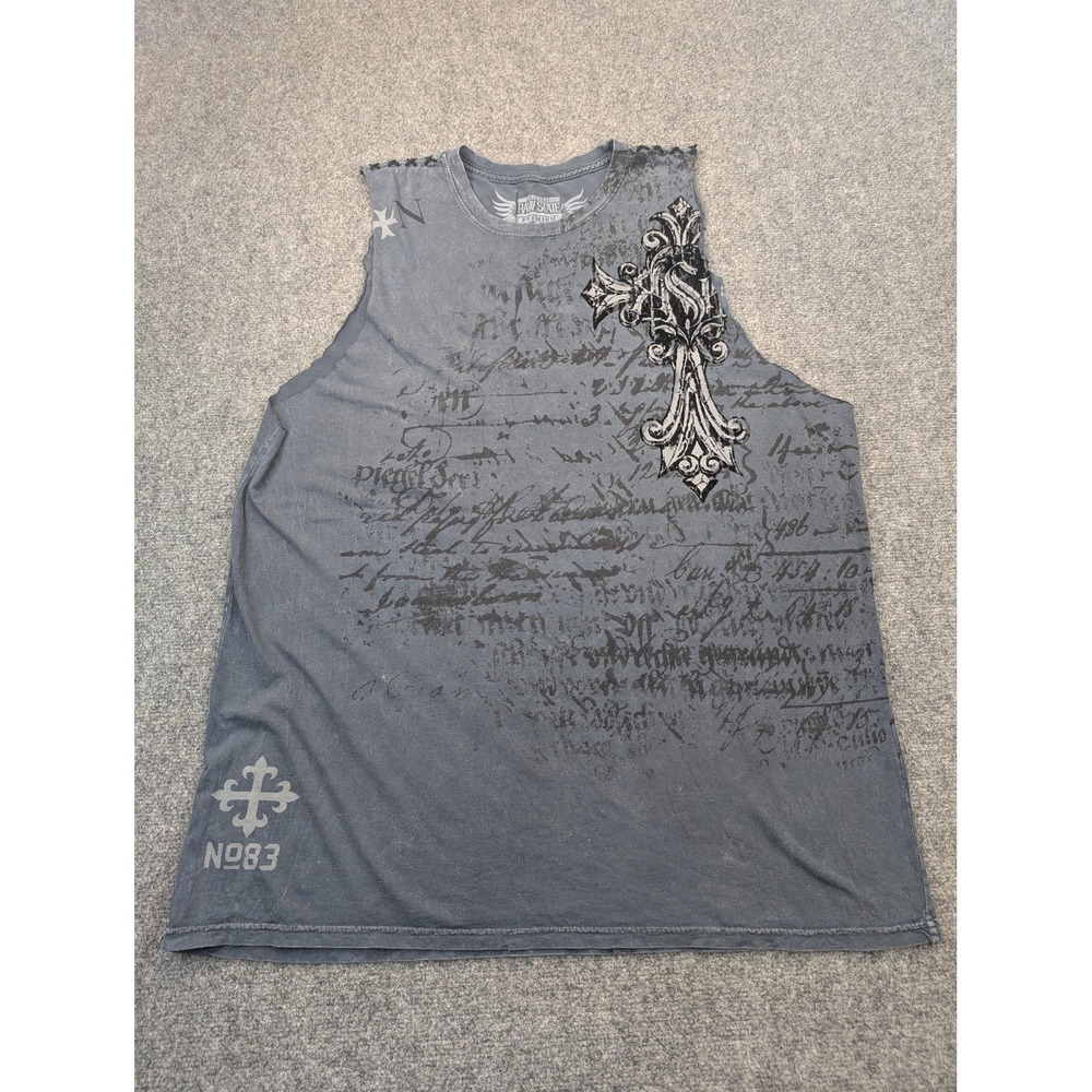 Raw State Shirt Mens XL Gray Sleeveless Cutoff Gothic Cross Wing‎ Graphic Script
